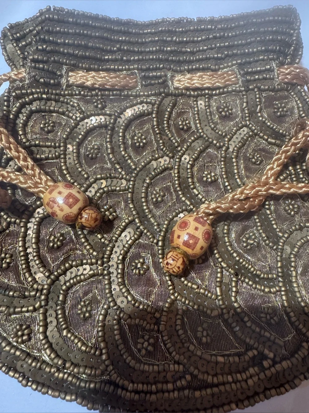 Vintage Hand-Beaded Evening Bag - Drawstring, Bronze/Gold Metallic, Lined